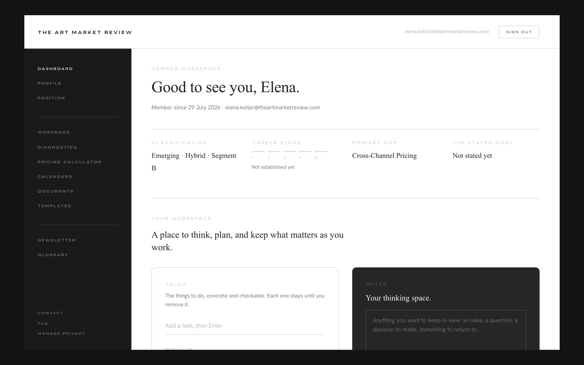 The member dashboard: classification, career stage, primary gap, to-do list and notes
